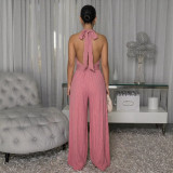 Women's Casual Halter Low Back Sleeveless Wide-Leg Jumpsuit
