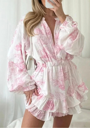 Women Spring Printed Round Neck Lantern Long-sleeved Dress