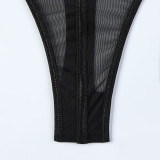 Women Chain Suspender Lace See-Through V-Neck Bodysuit Sexy Stockings Two-Piece Set