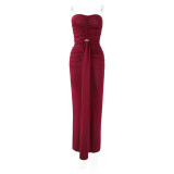 Spring Women Strapless Ruched Slim Waist Elegant Formal Long Dress