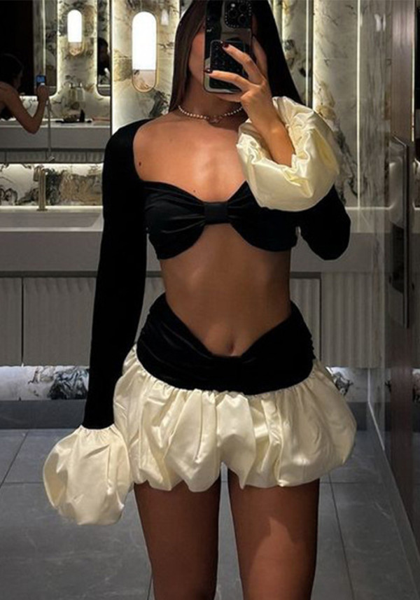 Women Winter Strapless Color Blocked Tulip Long-sleeved Top and Skirt Two-Piece Set