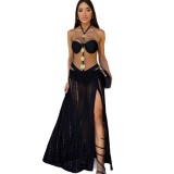 Women black strapless sexy three-piece slit skirt