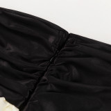 Women Winter Strapless Color Blocked Tulip Long-sleeved Top and Skirt Two-Piece Set