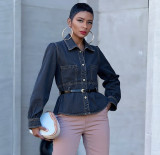 Women Washed Denim Belted Shirt with Double Pockets
