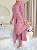 Spring Women Round Neck Long Sleeve Slit Two Piece Pants Set