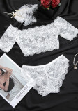Women See-Through Lace White Off-Shoulder Sexy Top and Panties Lingerie Two-Piece Set