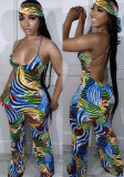 Women Spring/Summer Geometric Print Halter Jumpsuit (with Headscarf)