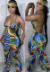 Women Spring/Summer Geometric Print Halter Jumpsuit (with Headscarf)