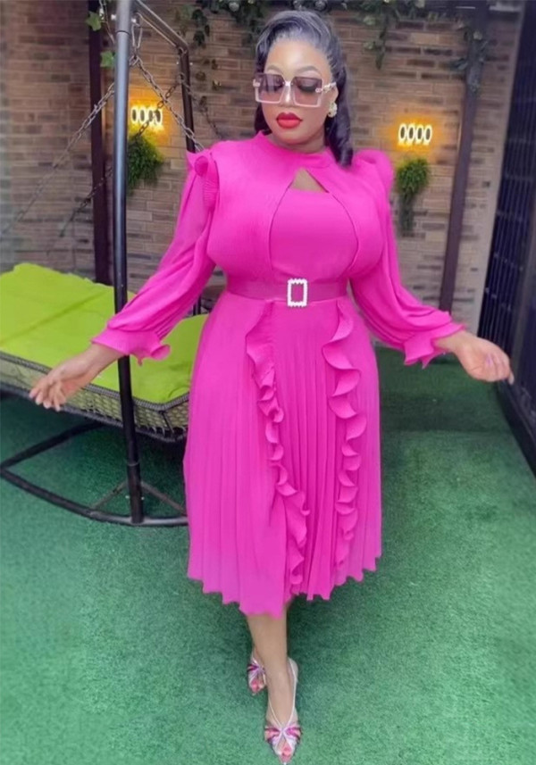 Plus Size Women Rose Hollow-Out Rhinestone Waist Ruffle Elegant Formal Party Dress
