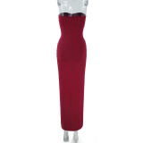 Spring Women Strapless Ruched Slim Waist Elegant Formal Long Dress