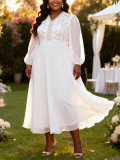 Plus Size Women White Lace Patchwork Chiffon V-Neck Lantern Sleeve Wedding Dress