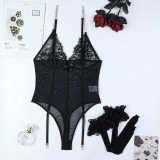 Women Chain Suspender Lace See-Through V-Neck Bodysuit Sexy Stockings Two-Piece Set