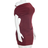 Women Spring/Summer Casual Off-Shoulder Slash Shoulder Pleated Mini Dress