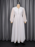 Plus Size Women White Lace Patchwork Chiffon V-Neck Lantern Sleeve Wedding Dress