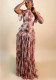 Women Elegant Summer Pearl Round Neck Printed Ruffle Dress