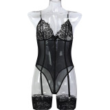 Women Chain Suspender Lace See-Through V-Neck Bodysuit Sexy Stockings Two-Piece Set