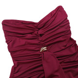 Spring Women Strapless Ruched Slim Waist Elegant Formal Long Dress