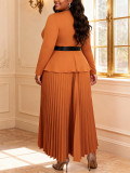 Plus Size Women Bow Long Sleeve Ruffle Slim Waist Elegant Pleated Dress