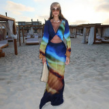 Women Gradient Print Mesh Long-Sleeve Backless Lace-Up Maxi Dress