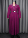 Plus Size Women Turndown Collar Long Sleeve Slim Waist Pleated Long Dress