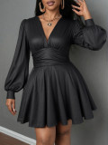 V-neck short dress with ruffled hem and elegant long sleeves