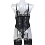 Women Chain Suspender Lace See-Through V-Neck Bodysuit Sexy Stockings Two-Piece Set