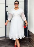 Plus Size Women White Chiffon Pleated V-Neck Slim Waist Formal Party Dress