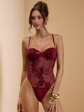 Women V-Neck underwire see-through waist-cinching embroidered sexy halter bodysuit