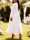 Plus Size Women White Lace Patchwork Chiffon V-Neck Lantern Sleeve Wedding Dress