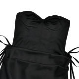 Women Solid Color Corset Slim Waist Ribbon Long Dress