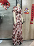 Women Elegant Summer Pearl Round Neck Printed Ruffle Dress