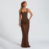 Autumn Winter Women Ruched Slim Waist Bodycon Strap Dress