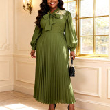Plus Size Women Bow Embroidery Lantern Sleeve Slim Waist Elegant Pleated Dress