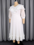 Plus Size Women White Chiffon Pleated V-Neck Slim Waist Formal Party Dress