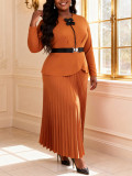 Plus Size Women Bow Long Sleeve Ruffle Slim Waist Elegant Pleated Dress