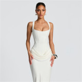 Autumn Winter Women Ruched Slim Waist Bodycon Strap Dress