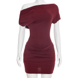 Women Spring/Summer Casual Off-Shoulder Slash Shoulder Pleated Mini Dress