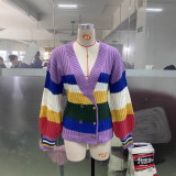 Women Color Block Striped Cardigan Sweater