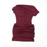 Women Spring/Summer Casual Off-Shoulder Slash Shoulder Pleated Mini Dress