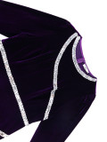 Plus Size Women Velvet Sequin Round Neck Long-Sleeve Side-Slit Formal Party Dress
