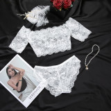 Women See-Through Lace White Off-Shoulder Sexy Top and Panties Lingerie Two-Piece Set