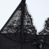 Women Chain Suspender Lace See-Through V-Neck Bodysuit Sexy Stockings Two-Piece Set
