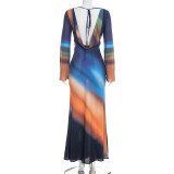 Women Gradient Print Mesh Long-Sleeve Backless Lace-Up Maxi Dress