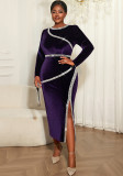 Plus Size Women Velvet Sequin Round Neck Long-Sleeve Side-Slit Formal Party Dress