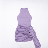 Women Spring Round Neck Ribbon Pleated Irregular Bodycon Dress