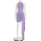 Women Spring Round Neck Ribbon Pleated Irregular Bodycon Dress