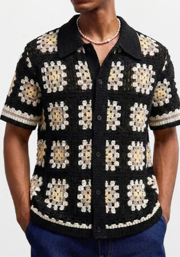 Men's color-blocked crochet openwork casual short-sleeved knitting polo top