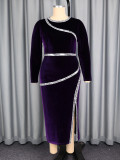 Plus Size Women Velvet Sequin Round Neck Long-Sleeve Side-Slit Formal Party Dress