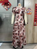 Women Elegant Summer Pearl Round Neck Printed Ruffle Dress