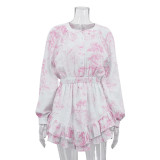 Women Spring Printed Round Neck Lantern Long-sleeved Dress